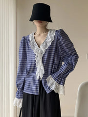 Lunivop Vintage Ruffles Plaid Shirt Women Elegant Lace Patchwork V Neck Blouse French Sweet Long Sleeve Retro Design Casual Tops