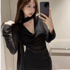 Lunivop Elegant Fashion Sexy V-neck Black T-shirts Y2k Slim Fit Long Sleeve Tee Shirt 2025 Summer New All-match Top for Women