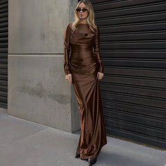 Lunivop Solid Pleated Bodycon Maxi Party Dress Women Elegant O Neck Full Sleeve Slim Evening Gown Birthday Long Robe Casual Streetwear
