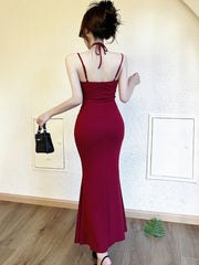 Lunivop Women New Red Sexy Bow Flower Sling Long Dress Summer Elegant Ruffled Luxury Dress 2025 Korean Vintage Bodycon Dance Party Dress