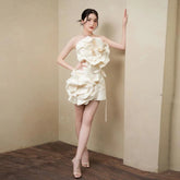 Lunivop Beige 3D Flowers Short Mini Cocktail Homecoming Dress Satin Strapless Above Knee Prom Party Wedding Gala Special Events Dresses