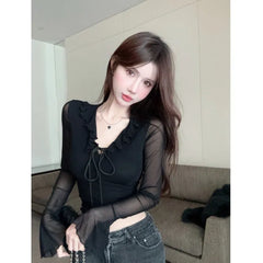 Lunivop Vintage Ruffles Mesh V-neck Black T-shirt for Women 2025 Summer New Slim Fit Tops Mujer Y2k Slim Fit Long Sleeve Tee Shirt