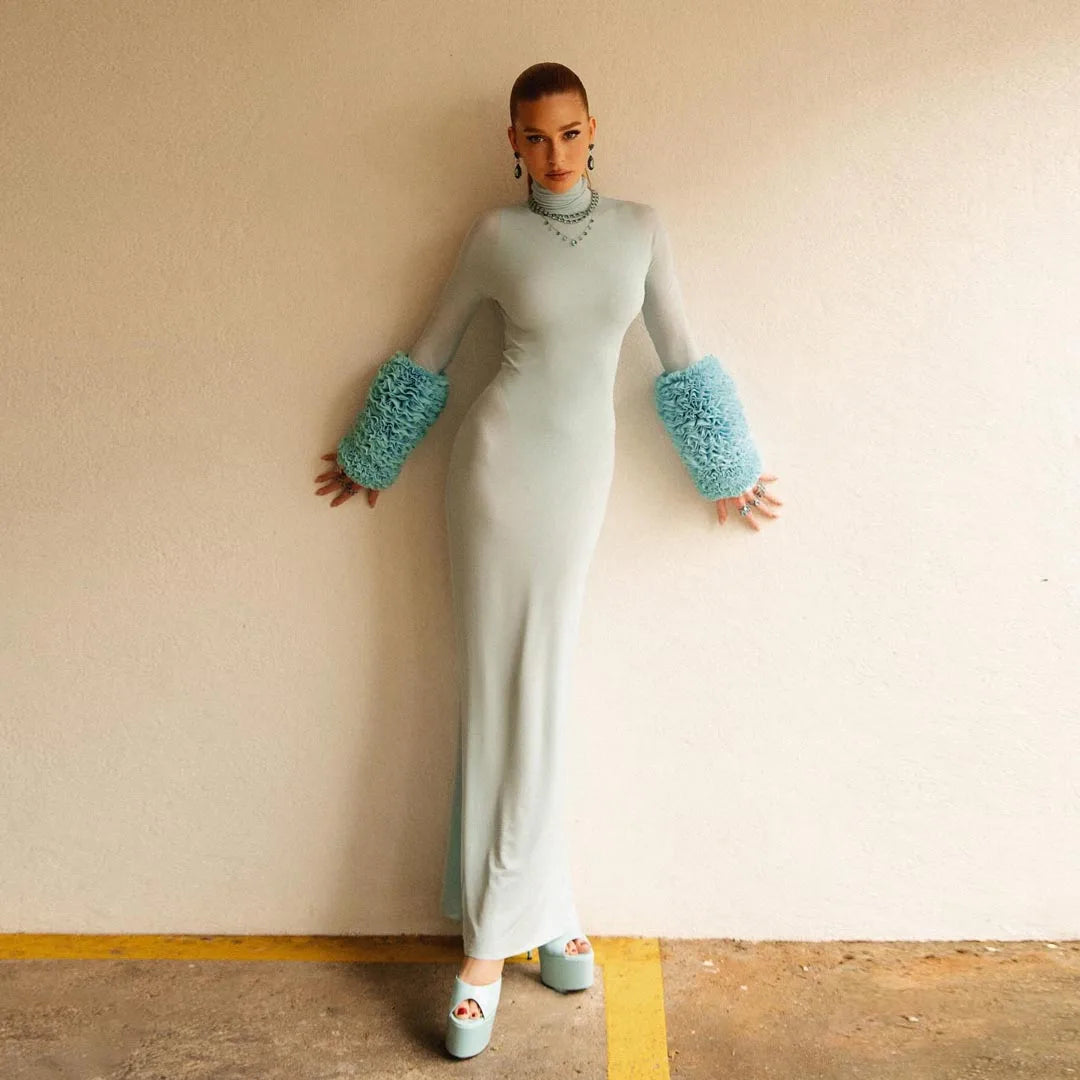 Lunivop Sky Blue Autumn Winter Women Turtleneck Maxi Dress Long Sleeve elastic Slim Long Dresses Sexy See Through Night Club Outfit Robe
