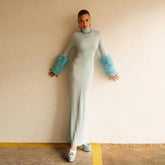 Lunivop Sky Blue Autumn Winter Women Turtleneck Maxi Dress Long Sleeve elastic Slim Long Dresses Sexy See Through Night Club Outfit Robe