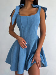 Lunivop Corset Denim A-line Mini Dress Women Summer Chic Sleeveless Lace Up Backless Strap Sexy Robes Ladies Evening Party Short Dress