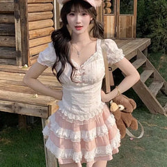 Lunivop Fashion Sweet Puff Sleeve Bow Top Women+ Y2k Sexy Slim Waist Lace Patchwork Cake Skirts Sumemr New Two Piece Sets