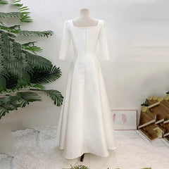 Lunivop White A Line Formal Evening Dress Simple Wedding Dresses With Short Sleeve Elegant Floor-length Satin Bridal Dress Customized