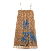 Lunivop Holiday Orange Floral Tree Print Slash Collar Beading Strap Sling Mini Dress Women Loose Straight Dresses Femme Vestidos Robe
