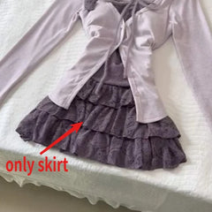 Lunivop Sweet Fake Two Piece Long Sleeve Top for Women+ Y2k High Waist A-line Skirts Two Piece Sets 2025 Summer Fashion New