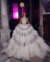 Lunivop Gorgeous High Neck Sleeveless A Line Wedding Gowns Glitter Beaded Sequin Long Bride Dresses Tiered Ruffled Vestido De Novia