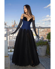 Lunivop Fashion Spaghetti Straps Long Evening Dresses Women Blue And Black Party Tulle Dress Sheer See Thru Draped Pleated Tulle Dress