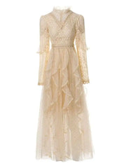 Lunivop Solid Lace Splice Dot Women's Dresses Stand Neck Long Sleeve High Waist Elegant Dress Female Autumn 2025 New