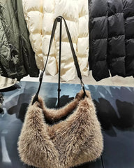 Lunivop Vintage Khaki Handbag Women Fashionable Large Capacity Soft Plush Tote Bag Ladies Retro Casual Shoulder Bag Y2k