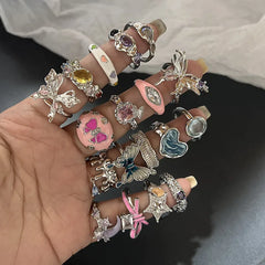 Lunivop Korea Colorful Stone Oil Drip Rhinestone Trendy Geometry Rings For Women Heart Star Girls Y2k Jewelry Gifts