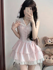 Lunivop Sweet Slim Pink Dress Women Cute Preppy Style Sailor Collar Mini Dress Casual Retro Japan Lace Patchwork Kawaii Cake Dress