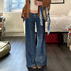 Lunivop High Waist Ladies Refor Washed Vintage Blue Jeans Floor-Length Trousers Asymmetrical Splicing Slimming Effect
