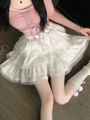 Lunivop Preppy Style Sweet White Skirts Women High Waist Chic Korean Mini Skirt Lace Patchwork Elegant Female Fashion A Line Skirts
