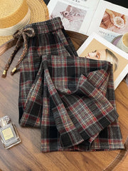Lunivop Retro Streetwear Plaid Pants Women Lace Up Loose Hip Hop Straight Trousers High Waist Casual Vintage Harajuku Bf Wide Leg Pant