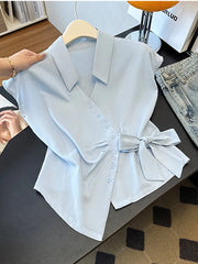 Lunivop Cute Bow Women White Shirt Casual Elegant Vintage V Neck Sweet Blouse Korean Retro Summer Design Single Breasted Lady Tops