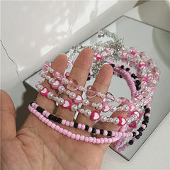 Lunivop Goth Pink Acrylic Pearl Peach Heart Beaded Choker Necklace Aesthetic Harajuku Cute Egirl Party Y2K EMO Jewelry Accessory Gift