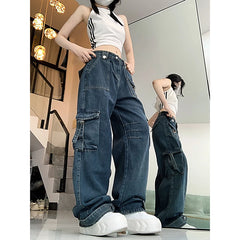 Lunivop Women's Dark Blue Y2k Cargo Jeans Baggy Harajuku Oversize Denim Trousers Vintage Jean Pants Japanese 2000s Style Trashy Clothes