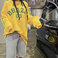 Lunivop 2000s New Women Autumn Brazil Flag Yellow Oversized Hoodies Aesthetic Long Sleeve Pullover Top Vintage Y2k Sweatshirt Streetwear