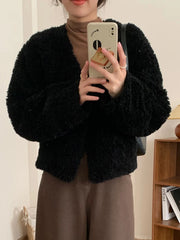 Lunivop Winter Vintage Women Faux Lamb Coat Warm Soft Long Sleeve V Neck Sweet Jacket Retro Simple Solid Korean Female Preppy Style Tops