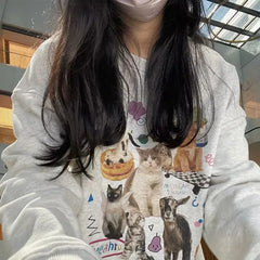 Lunivop Autumn/Winter New Y2k Millennial Style Kitten And Puppy Cute Pattern Printed Hatless Crewneck Hoodie Top For Women