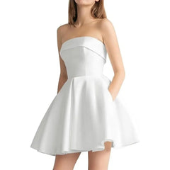 Lunivop White Simple Wedding Party Evening Short Satin A Line Strapless Mini Length Bridesmaid Dresses Prom Homecoming Cocktail Lace Up