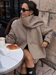Lunivop Elegant Scarf Collar Short Jackets Women Casual Loose Khaki Single-Breasted Jacket Female Autumn Winter Chic High Streetwear Top