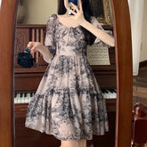 Lunivop French Retro Light Mature Style Floral Summer Women's New Pullover Square Neck Tie Folds Fashion Casual Short Sleeved Dress the dress black dress white dress