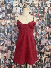 Lunivop Red Plaid Mini Dresses Women Three Buttons Lace Trim V Neck Sleeveless A-line Vestidos Summer Sweet Preppy Style Suspender Dress