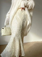 Lunivop Elegant Sequins Design Sense Skirt A-line Slim High Waist Party Fishtail Skirts For Women 2025 New Spring Clothing