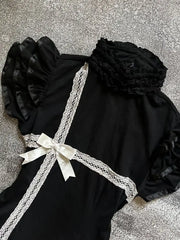 Lunivop Gothic Sweet Black Lace Spliced Bow Mini Dress Women Vintage Y2k Aesthetic Slim Fit Waist Ruffles A-line Party Dresse