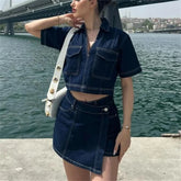 Lunivop Blue Denim Shirt Woman Short Sleeve Cropped Shirt Women Summer Short Tops Woman Streetwear Y2k Stylish Women's Blouses