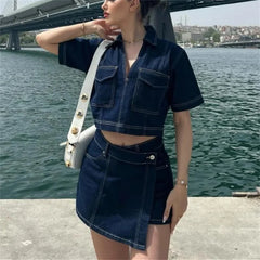 Lunivop Blue Denim Shirt Woman Short Sleeve Cropped Shirt Women Summer Short Tops Woman Streetwear Y2k Stylish Women's Blouses
