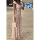 Lunivop Elegant Lace Appliqued Prom Dress Customized Square Neck Short Sleeves A Line Shining Evening Gowns Floor Length Prom Gowns