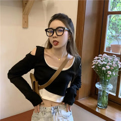 Lunivop Contrast Color Tees Preppy Style Korean Off Shoulder Y2k Sweet Tshirts Crop Tops Fake Two Piece Women Slim Fit Patchwork