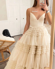 Lunivop Beige Ruffled Spaghetti strap Bridal Dress Elegant Layered Tulle Ball Gown Floor Length Simple Prom Dress Ever Pretty Gown
