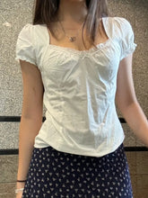 Lunivop White Lace Trim Short Puff Sleeve Tees Women Summer Cotton Back Lace-up Square Collar T-shirt Blouse Sweet Cute Casual Crop Top