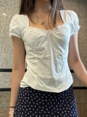 Lunivop White Lace Trim Short Puff Sleeve Tees Women Summer Cotton Back Lace-up Square Collar T-shirt Blouse Sweet Cute Casual Crop Top
