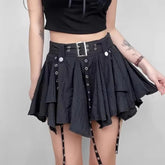 Lunivop Women Crumpled Layer Mini Skirt with Belt Strap Elastic Back Asymmetrical Short Skirt Grunge e-Girl Y2K Acubi Outfit