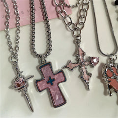 Lunivop Gothic Y2K Pink Cross Heart Pendant Chain Choker Necklace For Women Egirl Hip Hop Punk Charms Aesthetic Jewelry EMO Accessories