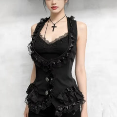Lunivop New French Spice Women Low Collar Lace Edge Vest Y2k Aesthetic All Match Euramerican High Street Slim Waist Camisole Casual Tops