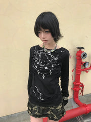 Lunivop Gothic Vintage T-shirt Women Long Sleeve Broken Print Graphic Tops Y2k Japanese 2000s Grunge Tops Streetwear Tee Tops
