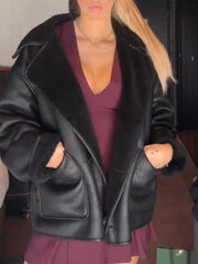 Lunivop Leather Lapel Single-Breasted Jackets Women Vintage Casual Long Sleeved Jacket For Woman Autumn Winter Loose Chic Outwear Tops