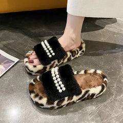 Lunivop Leopard Casual Fluffy Slippers Women Home Flat Fashion Pearl Designer Shoe Ladies Winter Elegant Footwear Open Toe Slippers