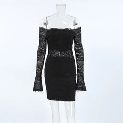 Lunivop Black Lace Mini Dress for Women Sexy See Through Slim Evening Party Dresses Fashion Flare Long Sleeve Christmas Dress 2024