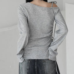 Lunivop Asymmetrical Off-shoulder Crop Top Grey Bandage Drawstring Long Sleeve Knitted T Shirts Korean Fashion Casual Tees Women