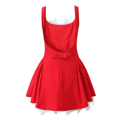 Lunivop Party Mini Tank Dresses Sleeveless A-line Bow Backless Dress Red Lace Spliced Elegant